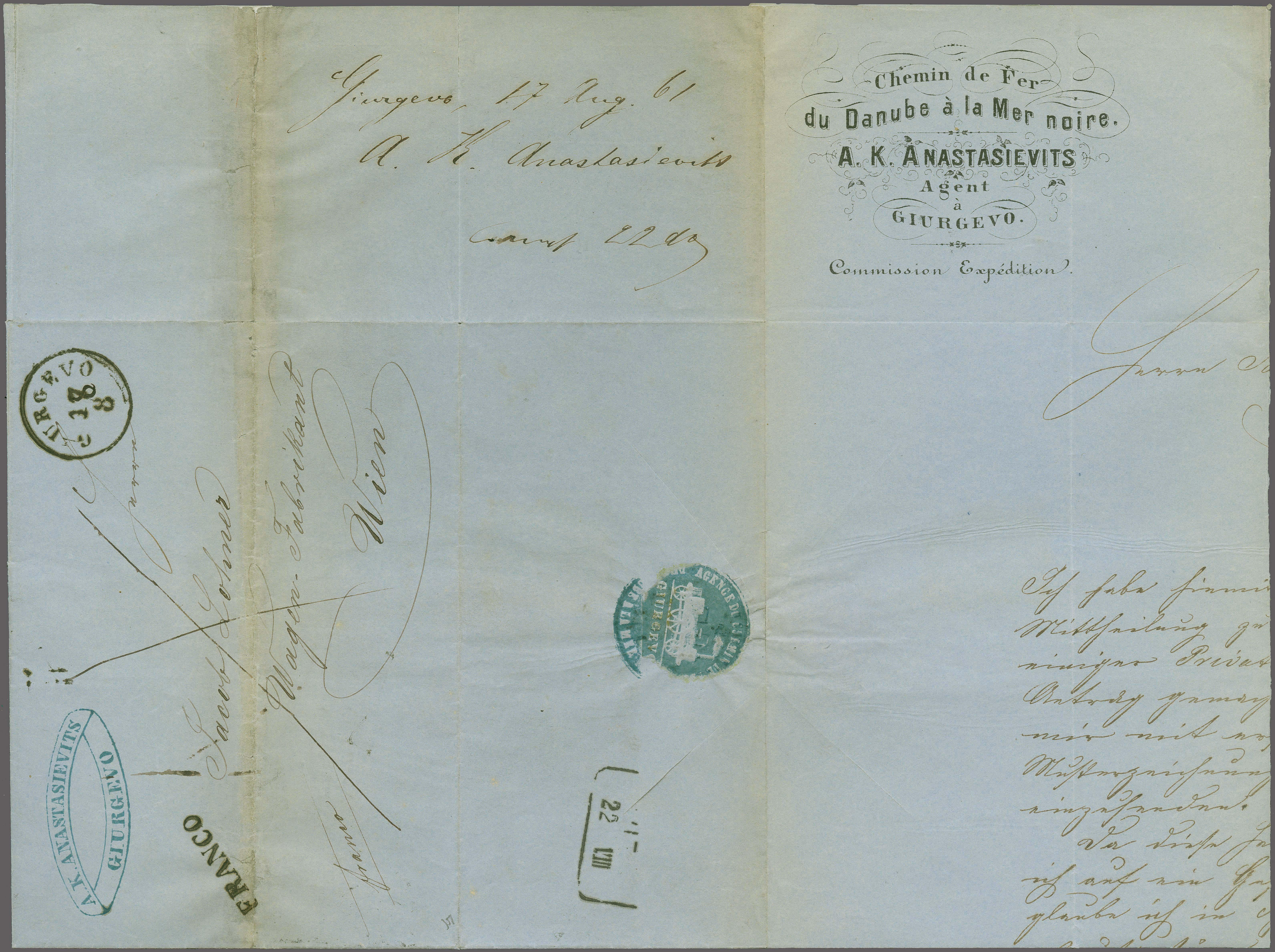 Danube & Black Sea Railway Company Agency Letter with locomotive seal